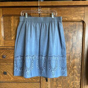 NWT Talbots Lace Detail Chambray Skirt, large, blue, pull-on, elastic waist